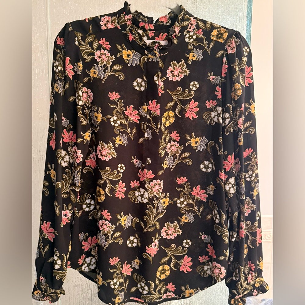 Ann Taylor Loft, Floral Black Blouse, size M.  Ruffle trim collar & cuffs
